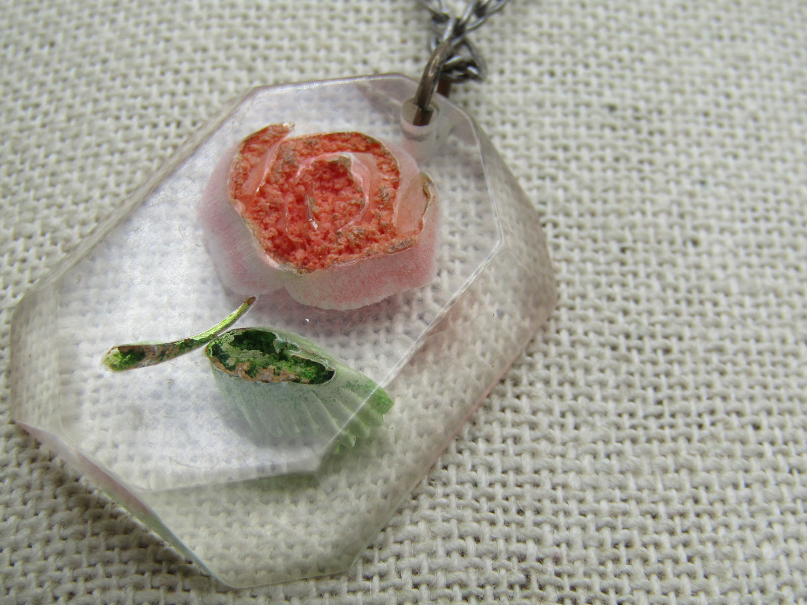 Vintage Reversed Carved Pink Rose Necklace, 16", 1940's - 4