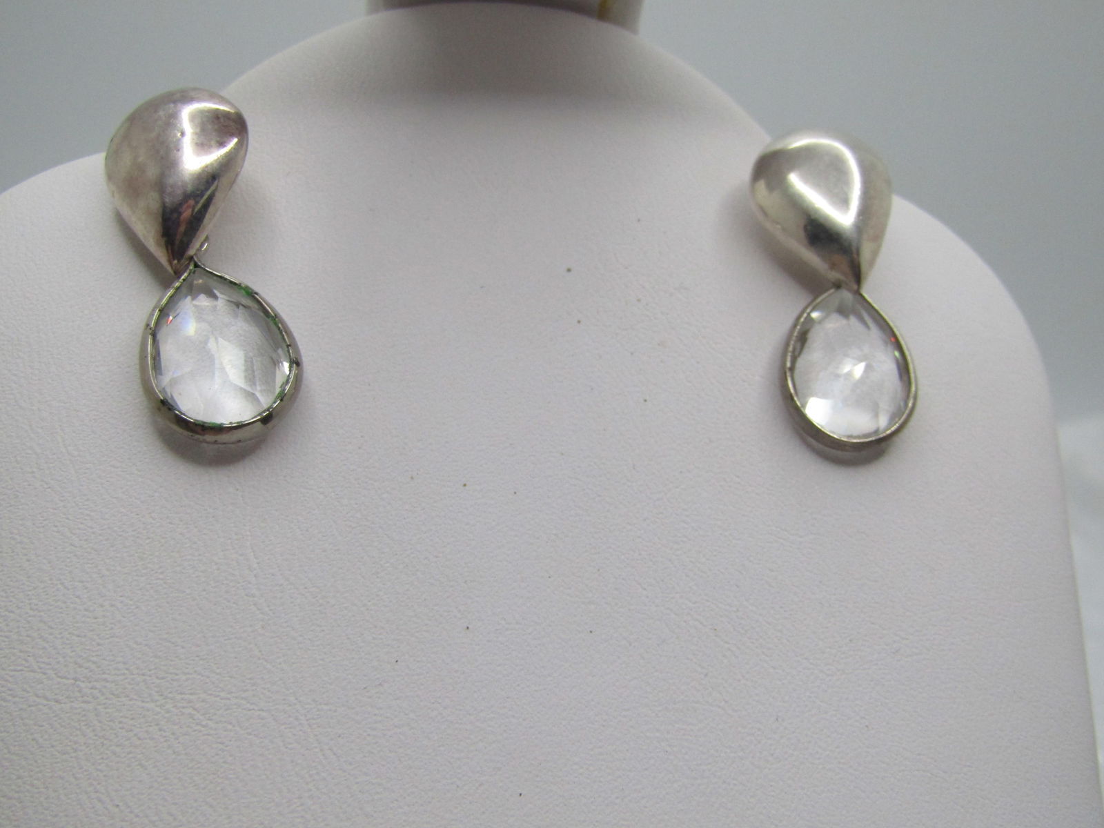 Vintage Teardrop Stud & Crystal Drop Earrings, Pierced, Marked .925: Vintage Teardrop Stud & Crystal Drop Earrings, Pierced, Marked .925. The post is .925 however the stud is plated. These are signed CI. The stud is appx. 3/4" and from that hangs an appx. 5/8" cut crys