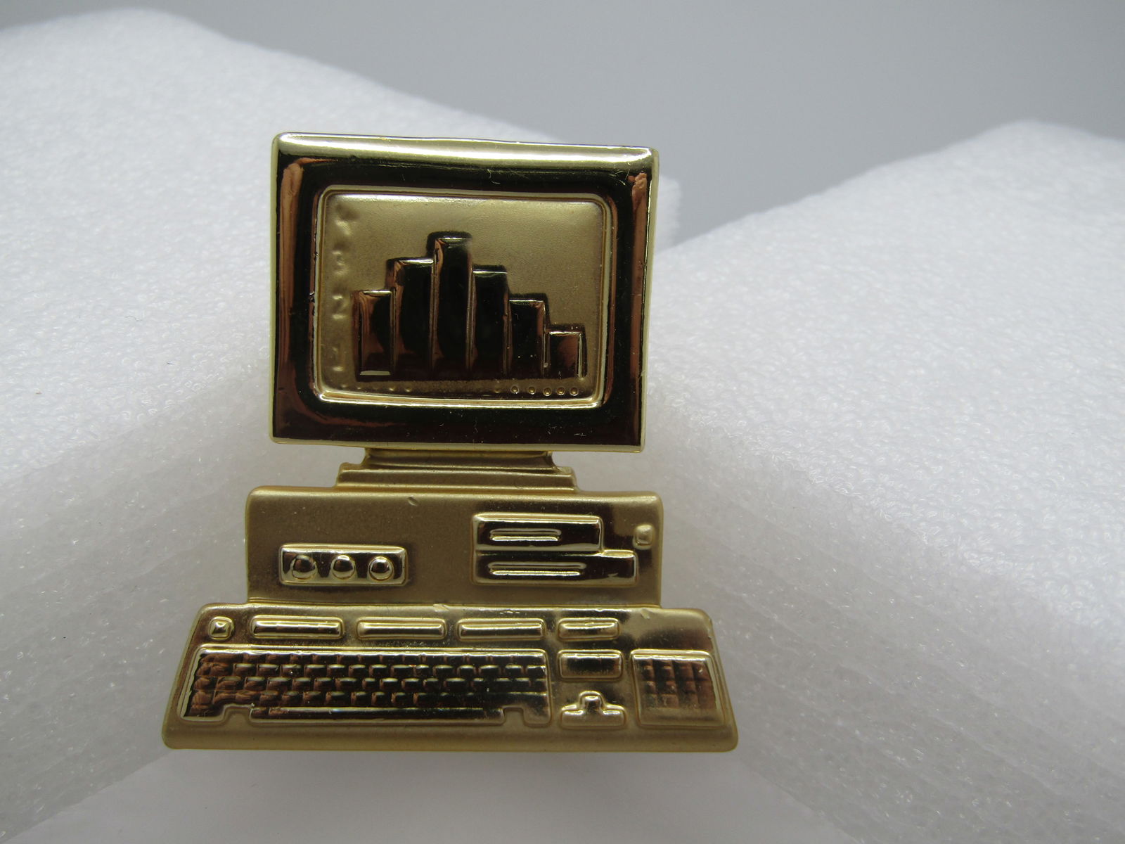 Vintage PC Computer Brooch, 1980's-1990's, Signed AJC: Vintage PC Computer Brooch, 1980's-1990's, Signed AJC. This is the 1980's style computer with a dual disk drive with a small and larger floppy drive, keyboard and screen. It is appx. 2" tall and