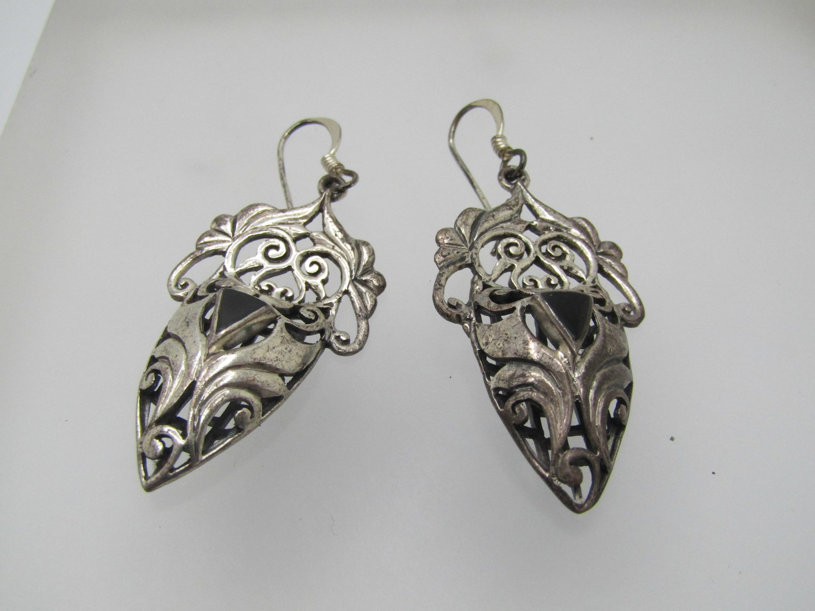 Vintage Sterling Onyx Scrolled Earrings, Pierced, 1980's-1990's