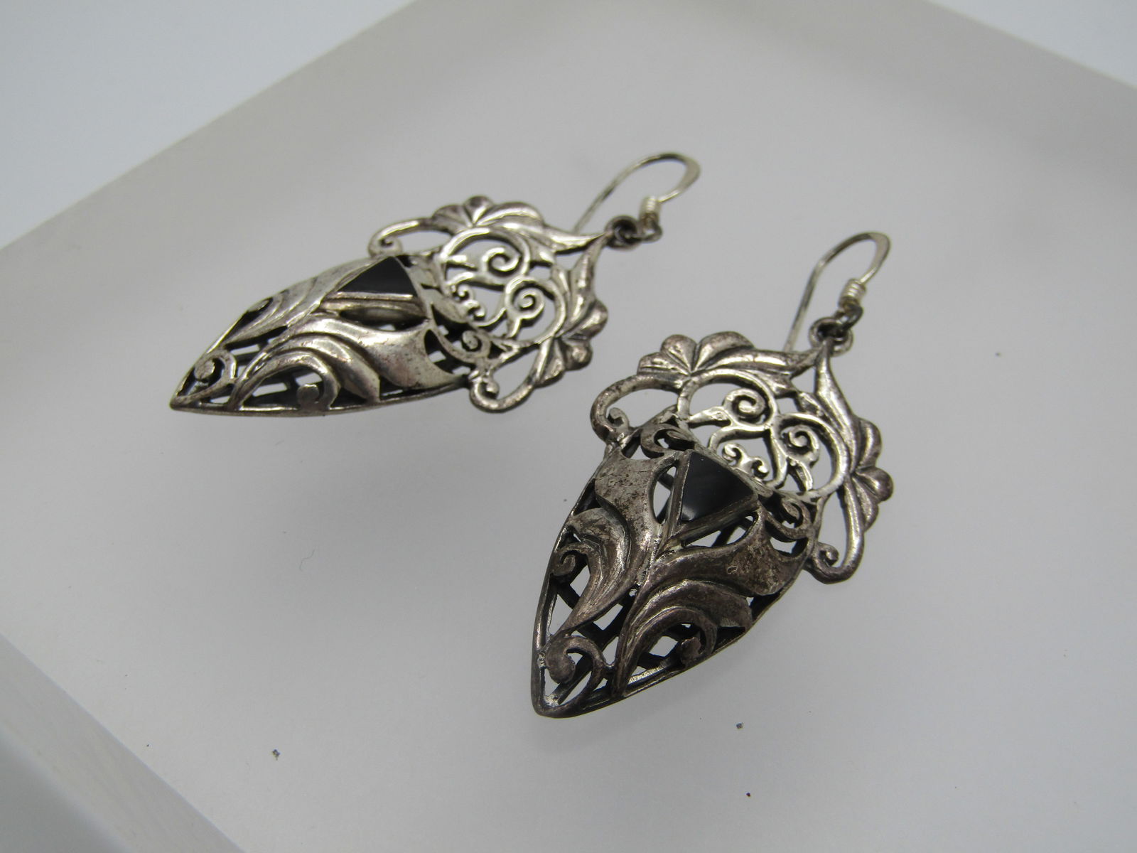 Vintage Sterling Onyx Scrolled Earrings, Pierced, 1980's-1990's - 2