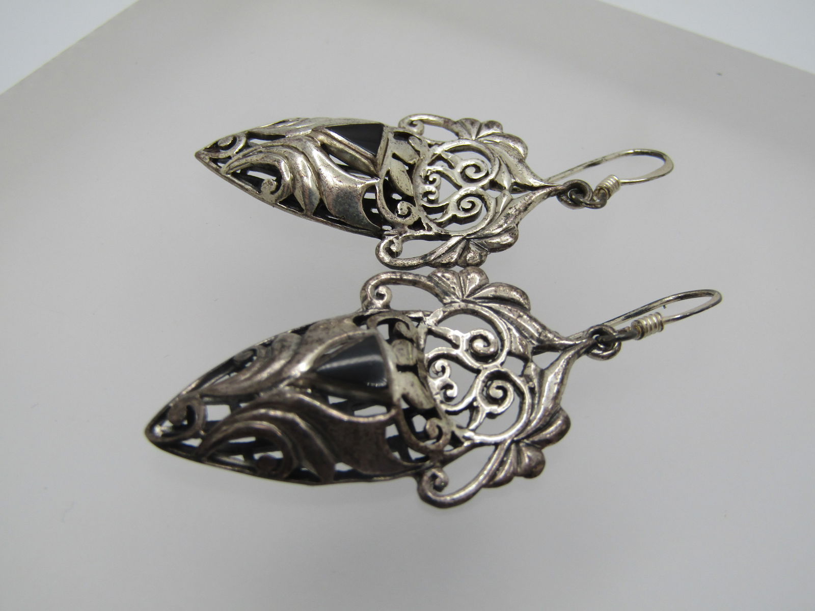 Vintage Sterling Onyx Scrolled Earrings, Pierced, 1980's-1990's - 3