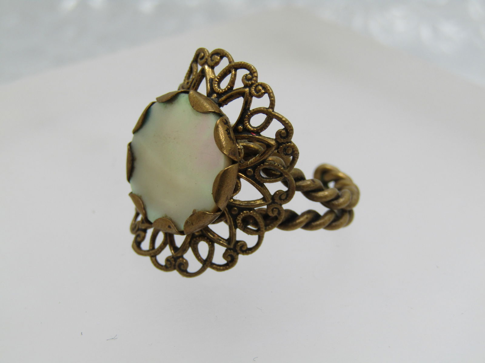 Vintage Mother-of-Pearl Brass Ring, Western German, Adjustable, Late 1940's-1960's - 2