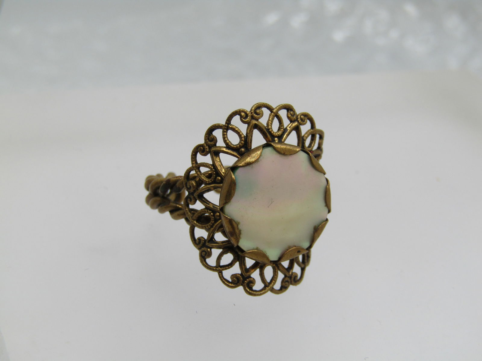 Vintage Mother-of-Pearl Brass Ring, Western German, Adjustable, Late 1940's-1960's - 4