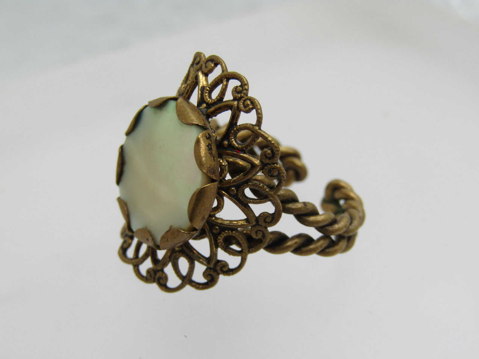 Vintage Mother-of-Pearl Brass Ring, Western German, Adjustable, Late 1940's-1960's - 5