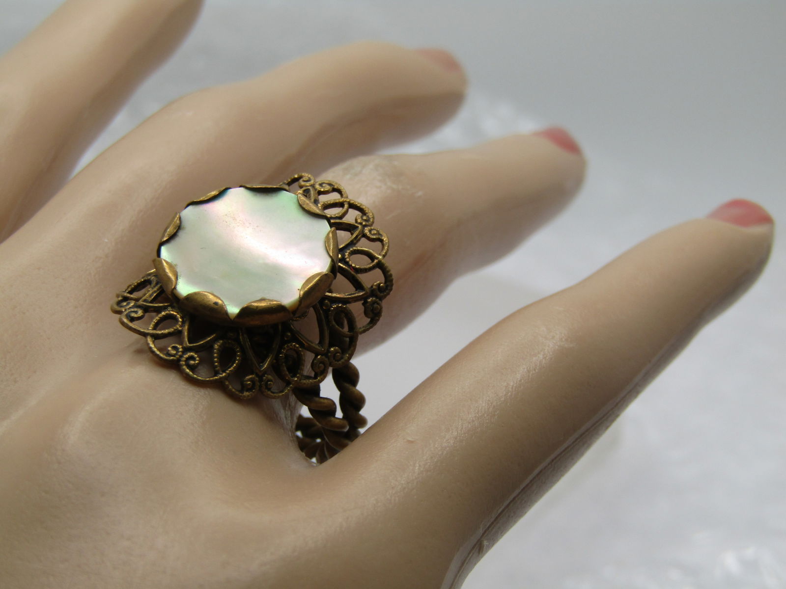 Vintage Mother-of-Pearl Brass Ring, Western German, Adjustable, Late 1940's-1960's - 6