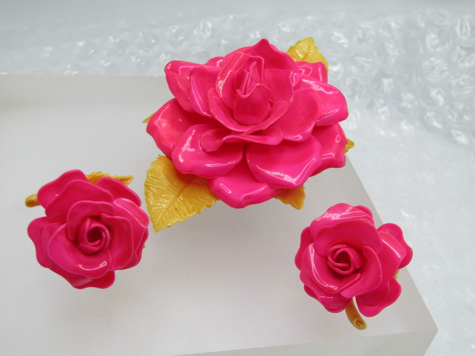 Vintage Plastic Large Rose Brooch & Clip Earrings, 1950's-1960's, 3.25" - 2