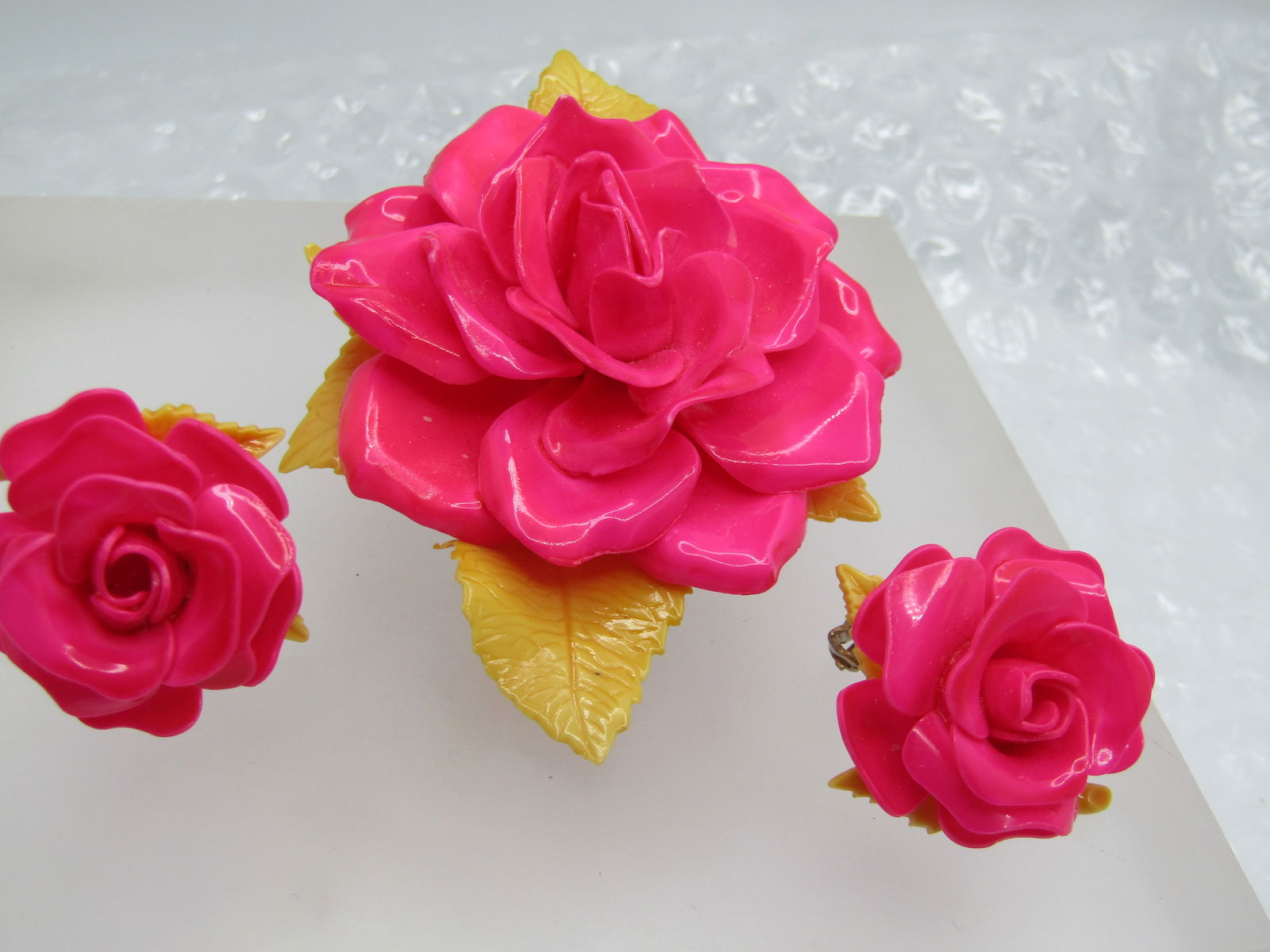 Vintage Plastic Large Rose Brooch & Clip Earrings, 1950's-1960's, 3.25" - 3