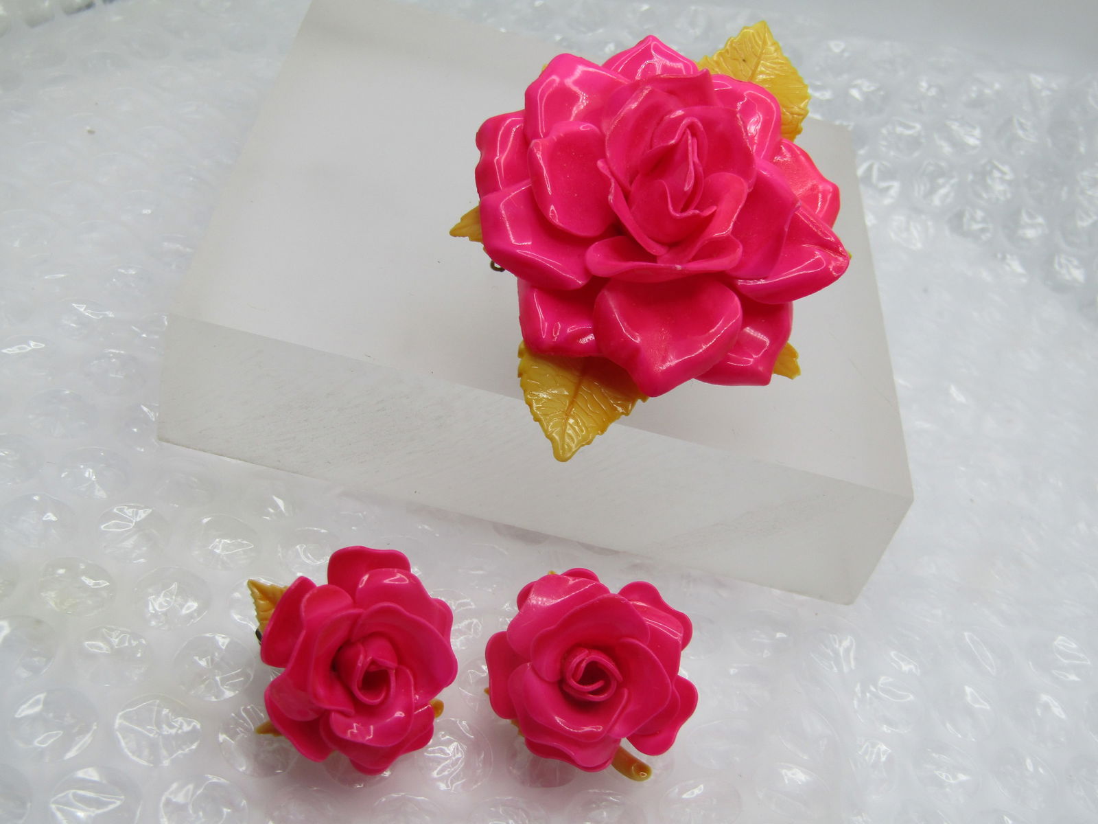 Vintage Plastic Large Rose Brooch & Clip Earrings, 1950's-1960's, 3.25" - 6