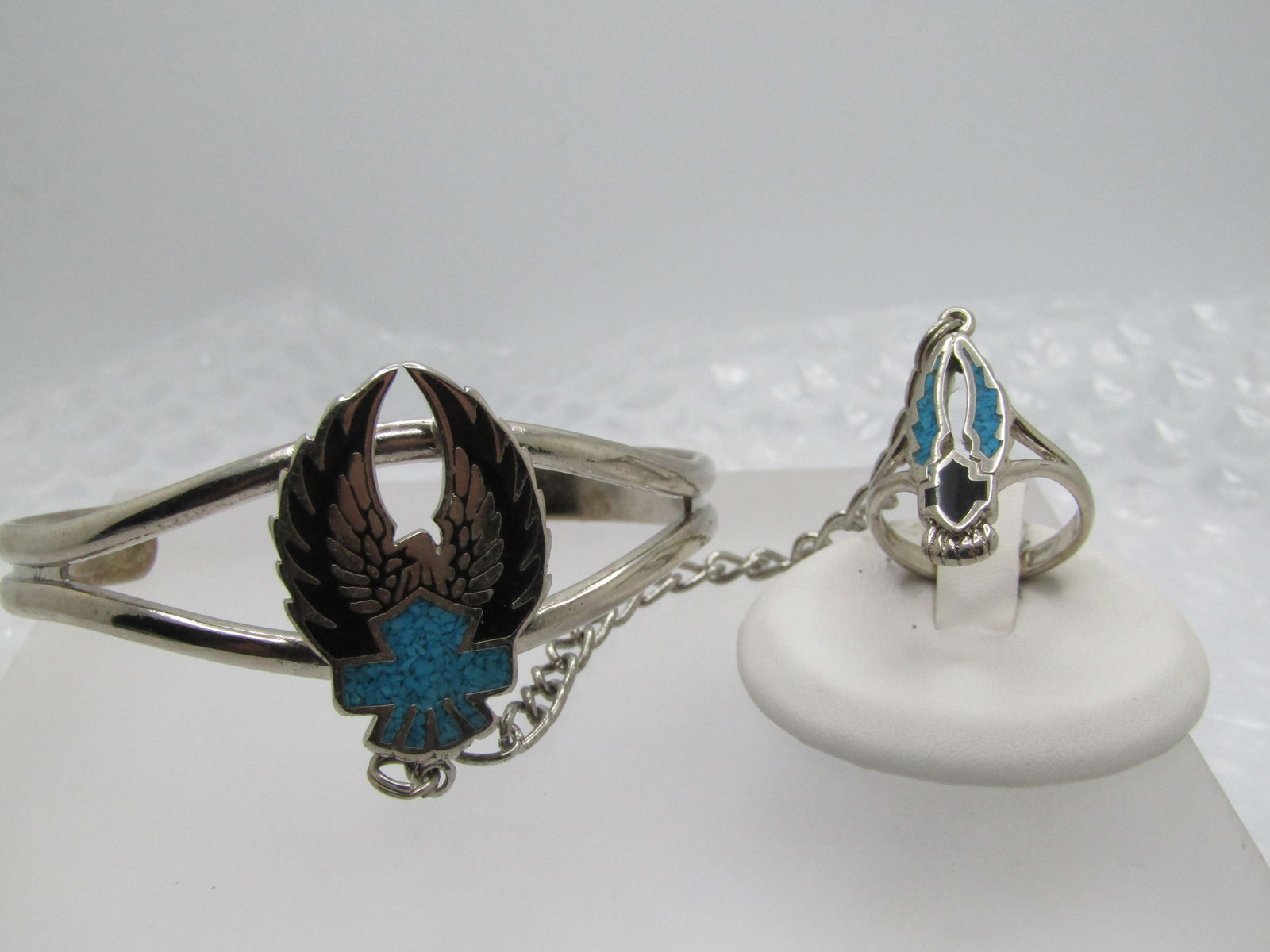 Vintage Enameled & Turquoise Chip Biker Bracelet with Attached Ring, t is 7".Ring is Sz. 7 - 2