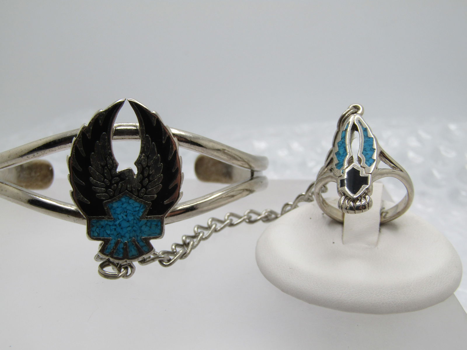 Vintage Enameled & Turquoise Chip Biker Bracelet with Attached Ring, t is 7".Ring is Sz. 7 - 3
