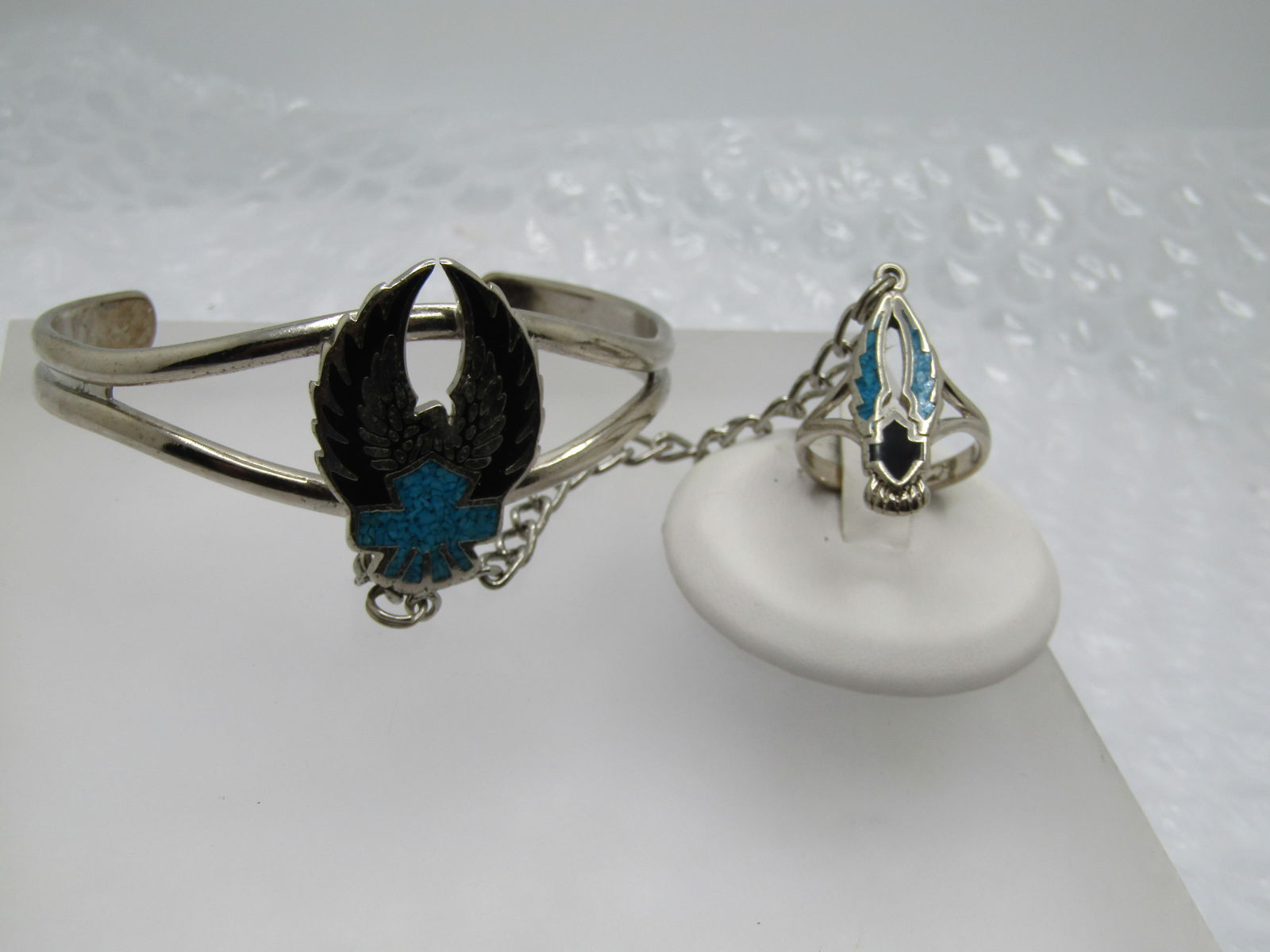 Vintage Enameled & Turquoise Chip Biker Bracelet with Attached Ring, t is 7".Ring is Sz. 7 - 4