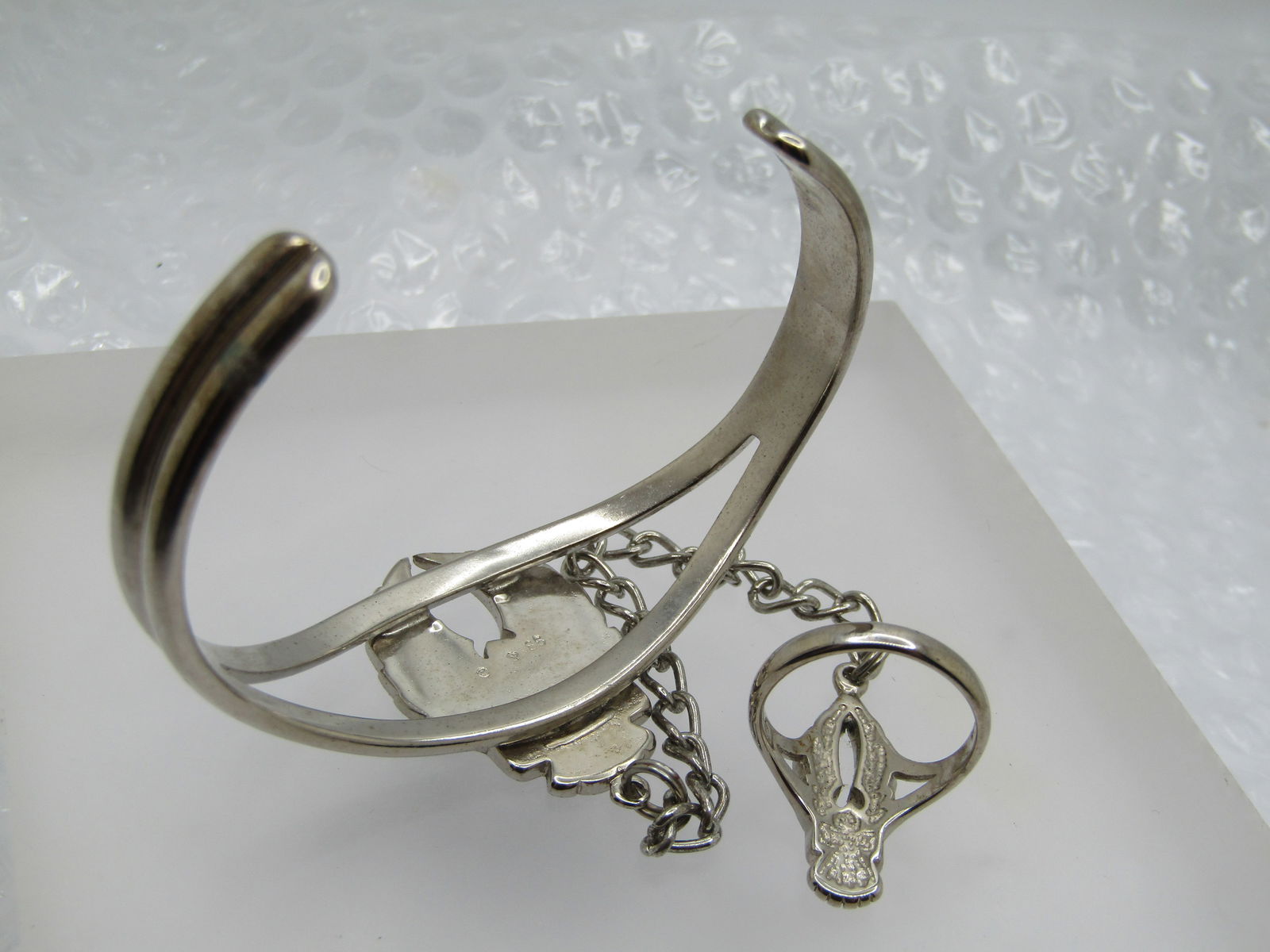 Vintage Enameled & Turquoise Chip Biker Bracelet with Attached Ring, t is 7".Ring is Sz. 7 - 5