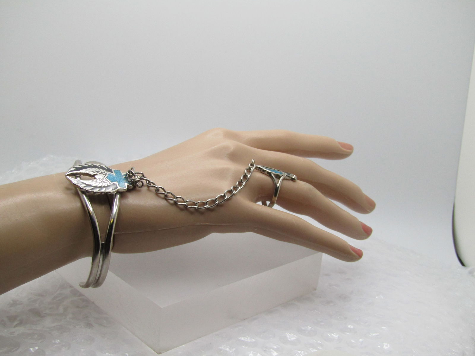 Vintage Enameled & Turquoise Chip Biker Bracelet with Attached Ring, t is 7".Ring is Sz. 7 - 6