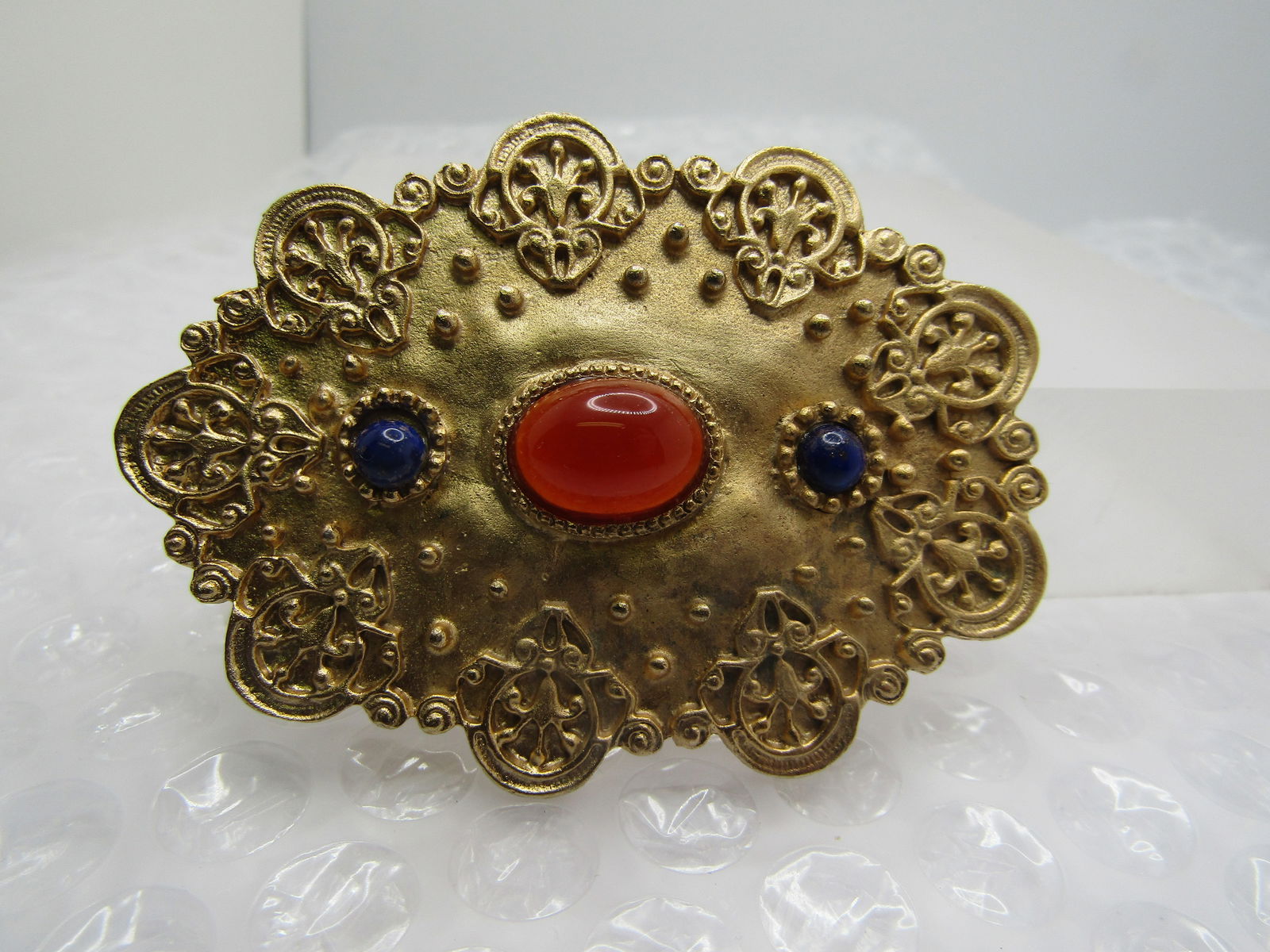 Vintage Amber & Blue Stone Brooch, Victorian Themed, 1980's-1990's - 2