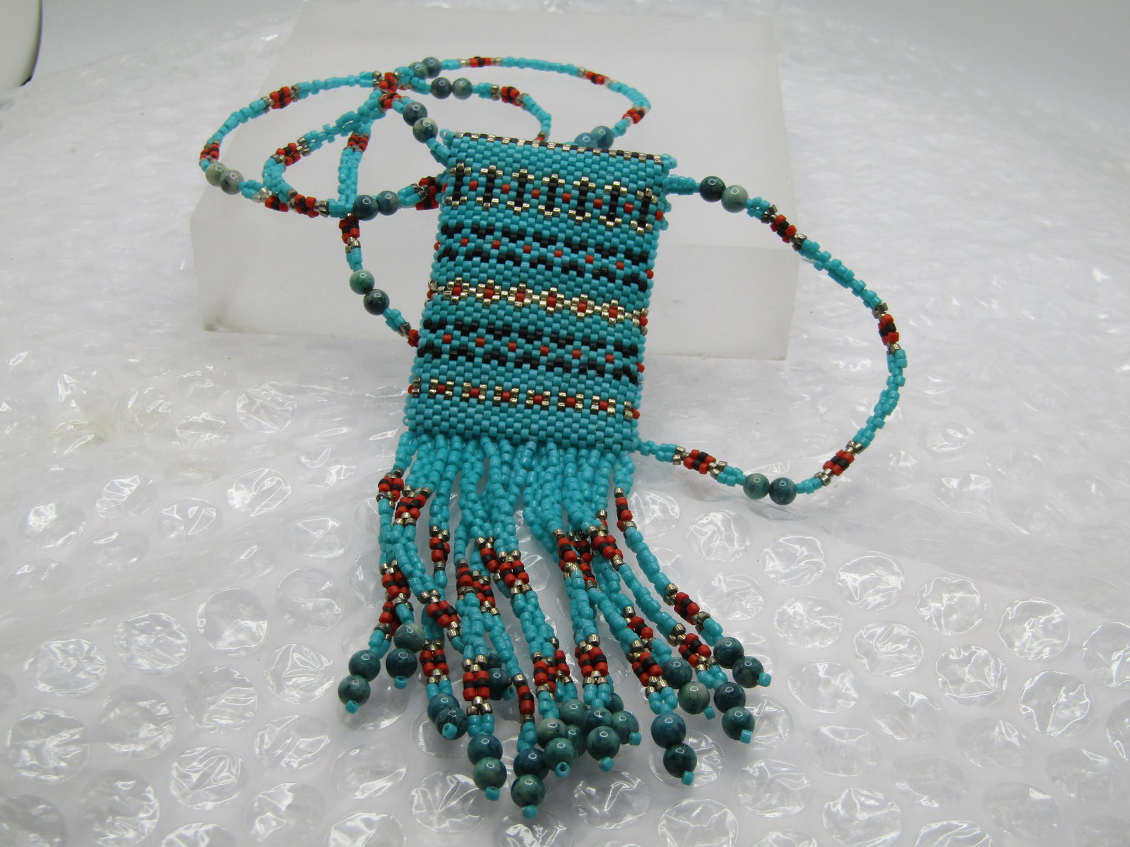 Vintage Southwestern Beaded Tassel Pouch Necklace, 24" - 5