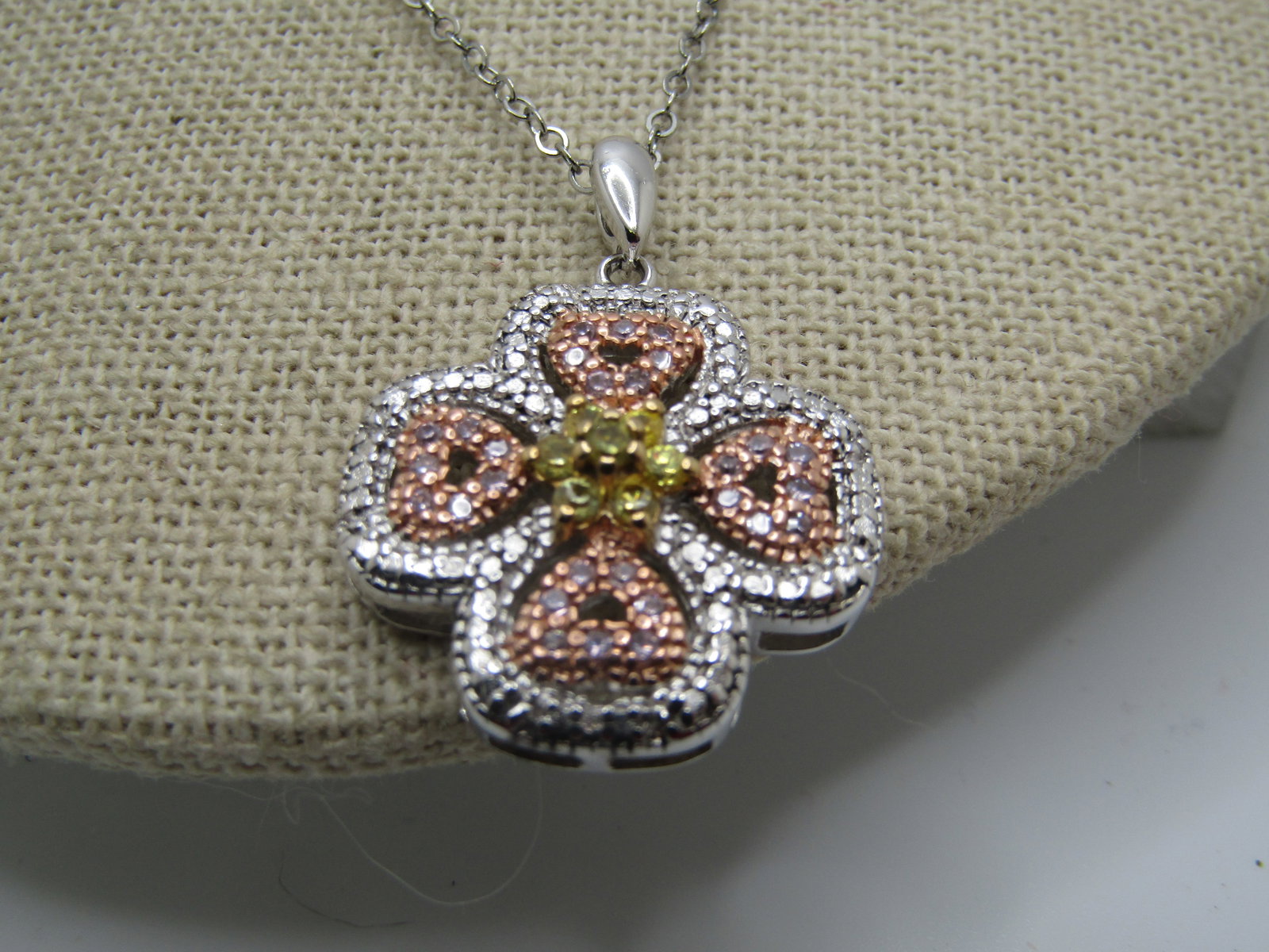 Sterling Sterling CZ Necklace, 18", Heart Blossom Design, Two-Tone - 2