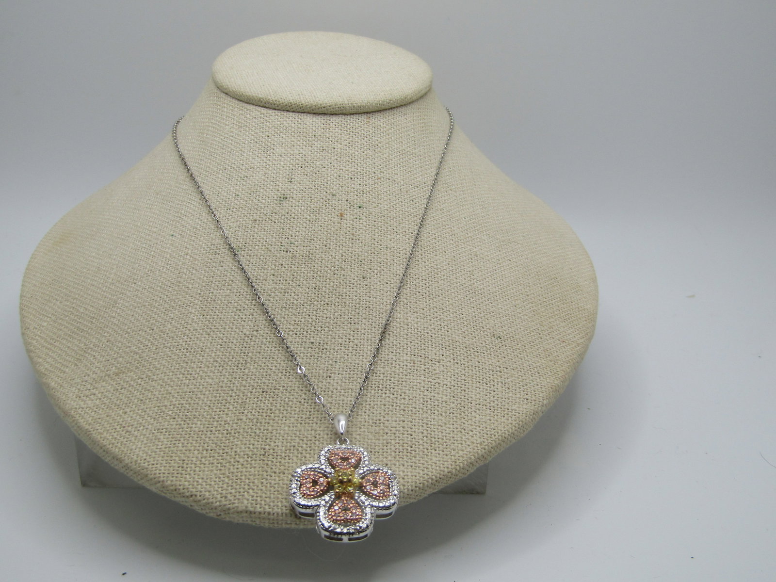 Sterling Sterling CZ Necklace, 18", Heart Blossom Design, Two-Tone - 5