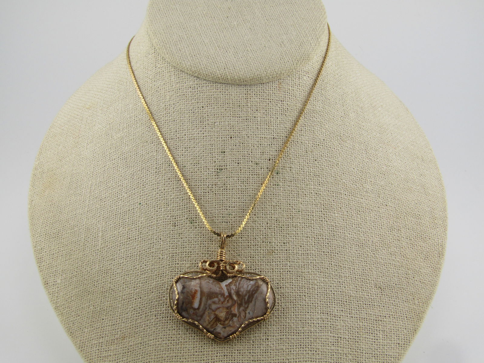 Vintage Brown Agate/Jasper Heart Wrapped Pendant, 10kt-14kt Gold Filled, 1980's-1990's - 2