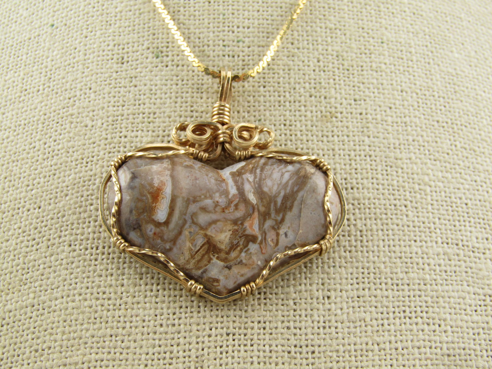 Vintage Brown Agate/Jasper Heart Wrapped Pendant, 10kt-14kt Gold Filled, 1980's-1990's - 3