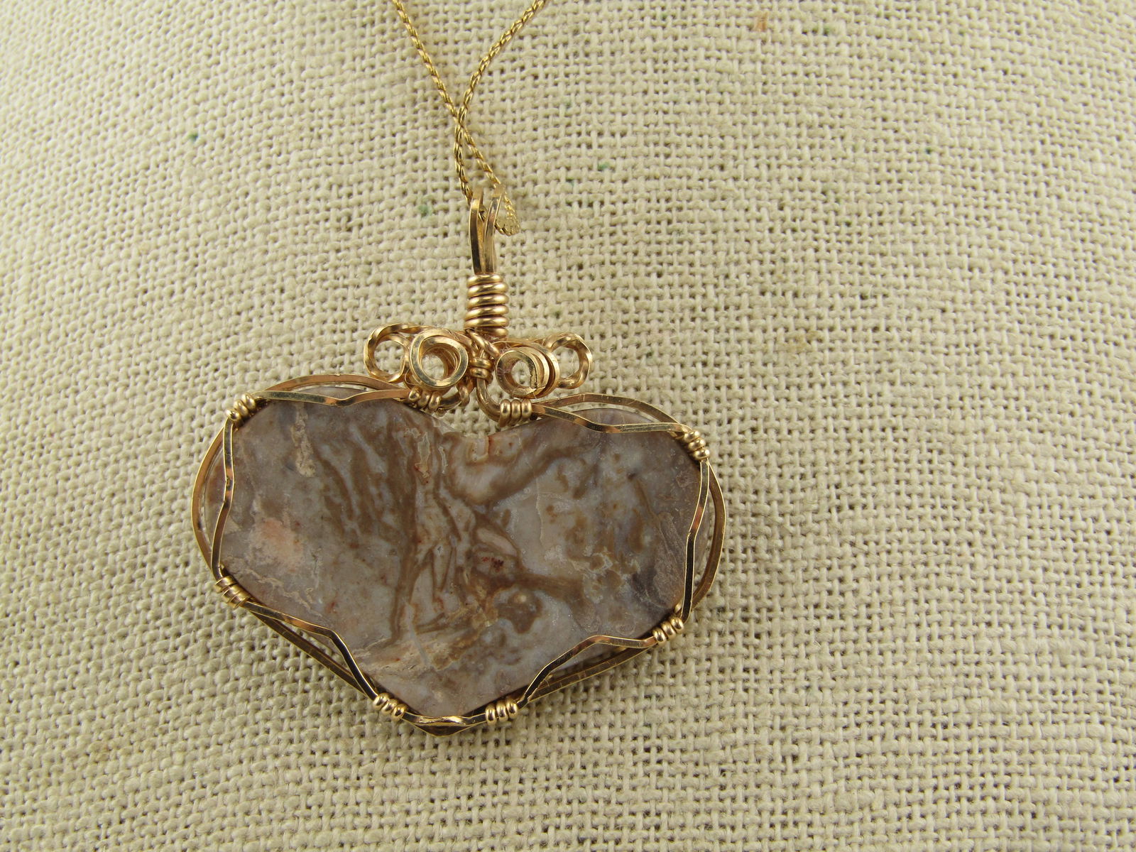 Vintage Brown Agate/Jasper Heart Wrapped Pendant, 10kt-14kt Gold Filled, 1980's-1990's - 4