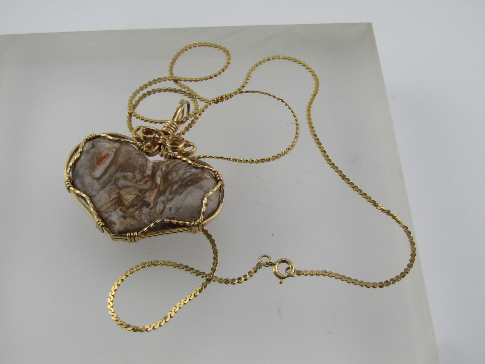 Vintage Brown Agate/Jasper Heart Wrapped Pendant, 10kt-14kt Gold Filled, 1980's-1990's - 5