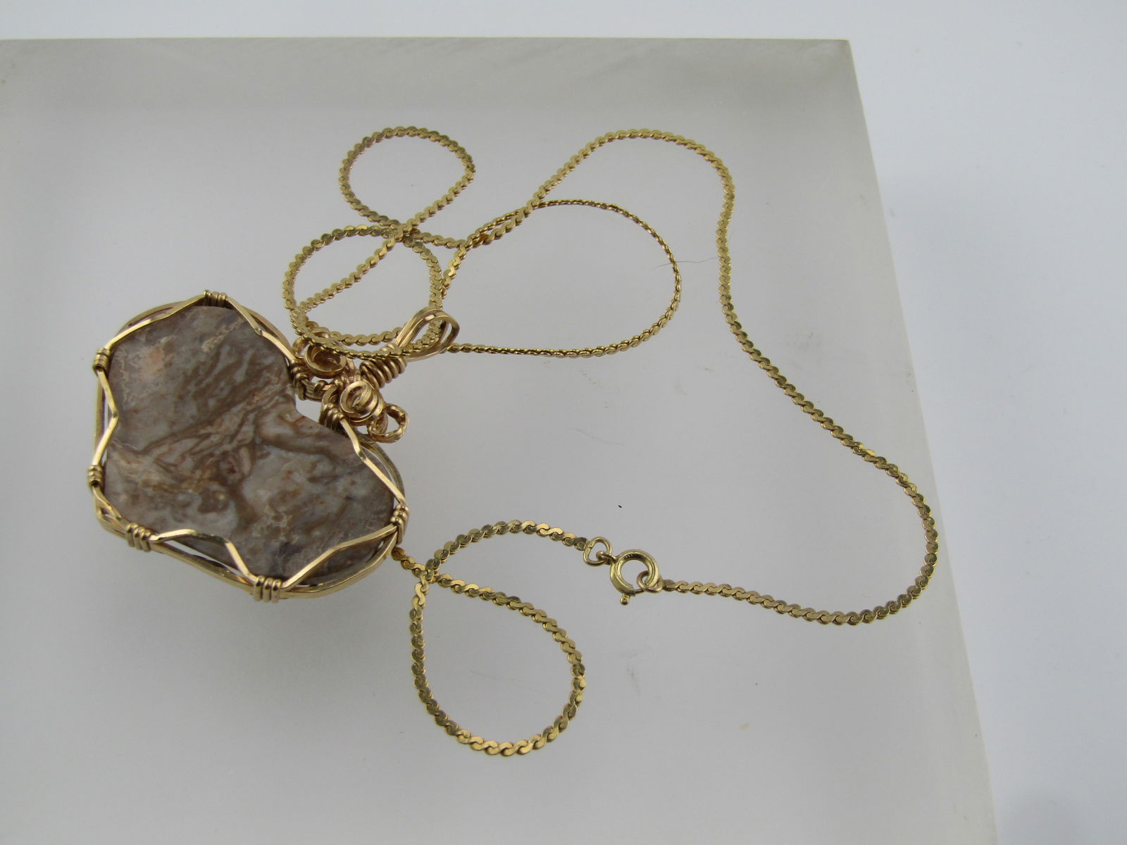 Vintage Brown Agate/Jasper Heart Wrapped Pendant, 10kt-14kt Gold Filled, 1980's-1990's - 6
