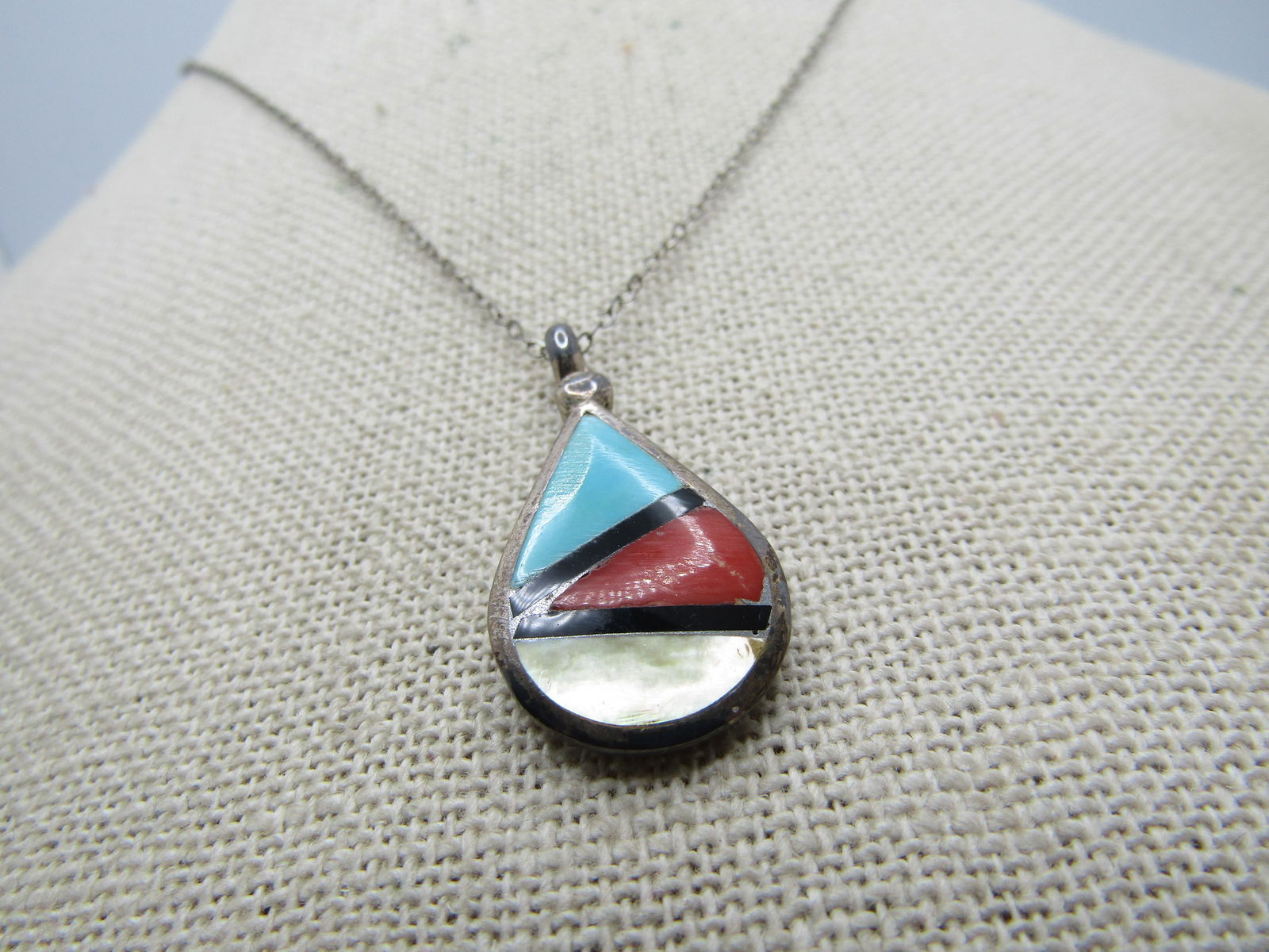 Vintage Inlaid Sterling Southwestern Turquoise/MOP/Red Necklace , 19". - 2