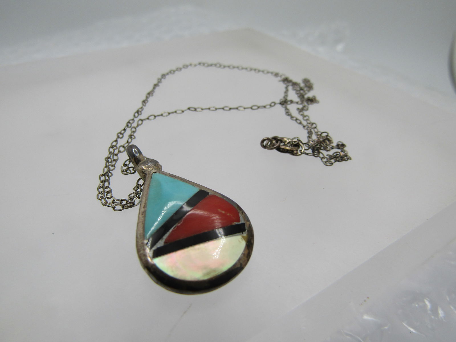 Vintage Inlaid Sterling Southwestern Turquoise/MOP/Red Necklace , 19". - 5