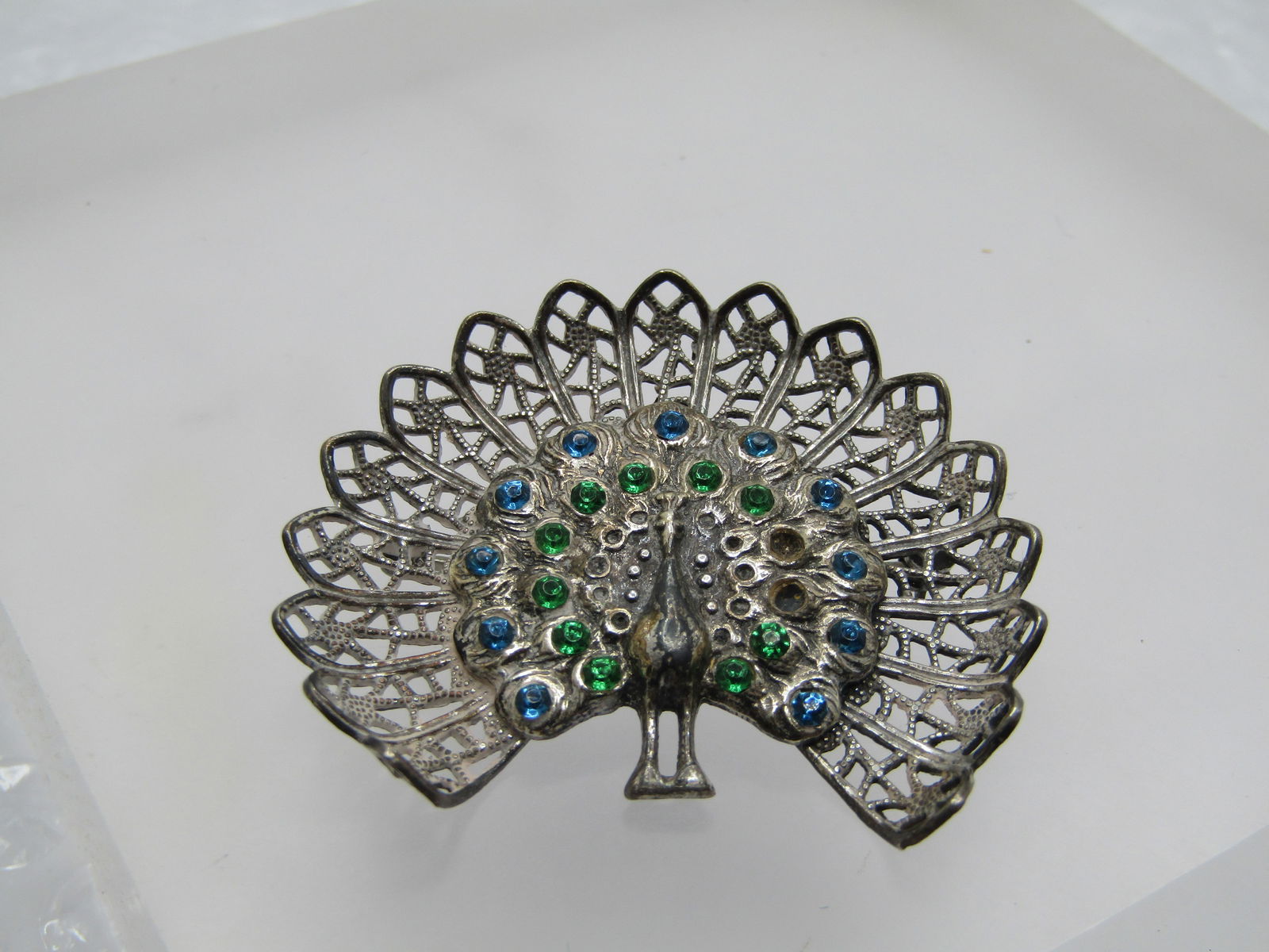 Vintage Silver Filigree Rhinestone Peacock Brooch, 1940's - 2
