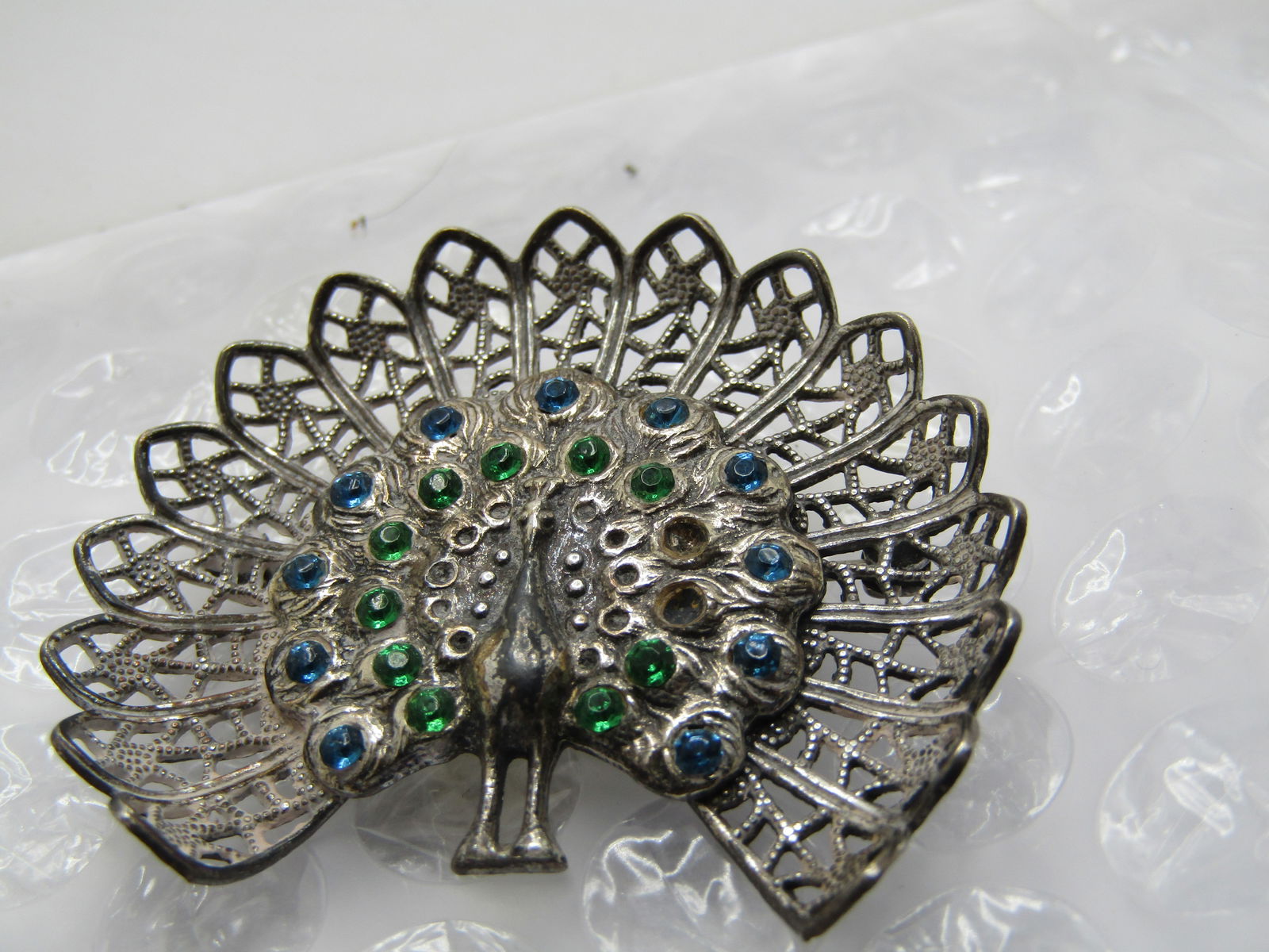 Vintage Silver Filigree Rhinestone Peacock Brooch, 1940's - 5