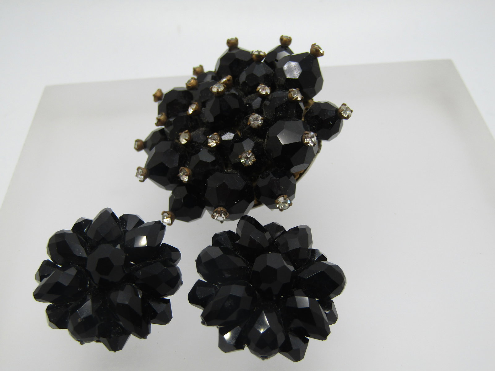 Vintage Black & Clear Faceted Beaded Brooch & Clip Earrings Set, 1950's - 4
