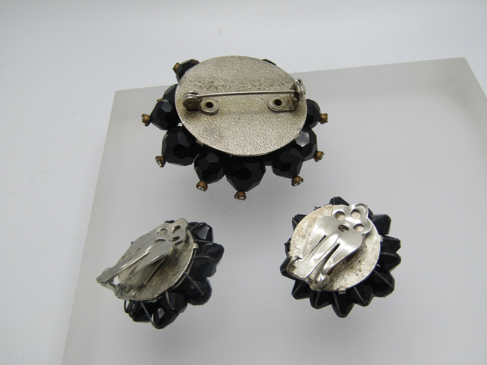 Vintage Black & Clear Faceted Beaded Brooch & Clip Earrings Set, 1950's - 5