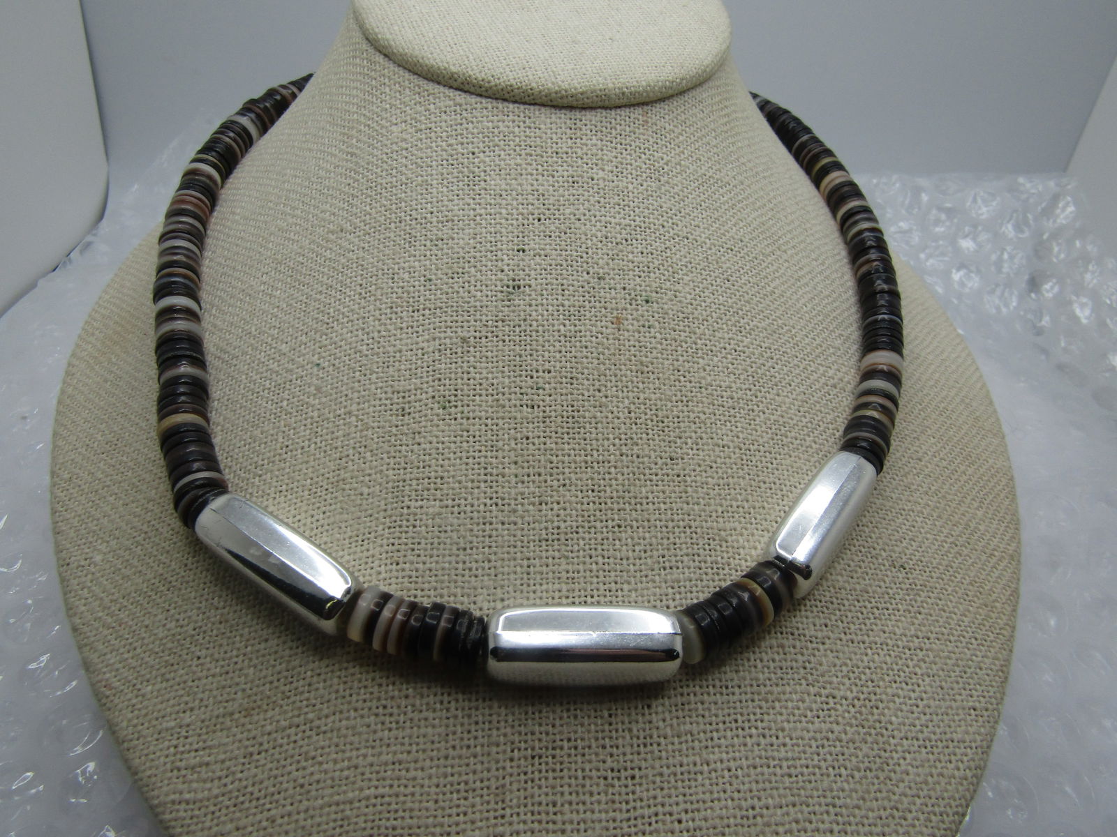 Vintage Shell & MOP Heishi Beaded Necklace, Silver Tone Accent Beads, 19", 1970's-1980's - 2