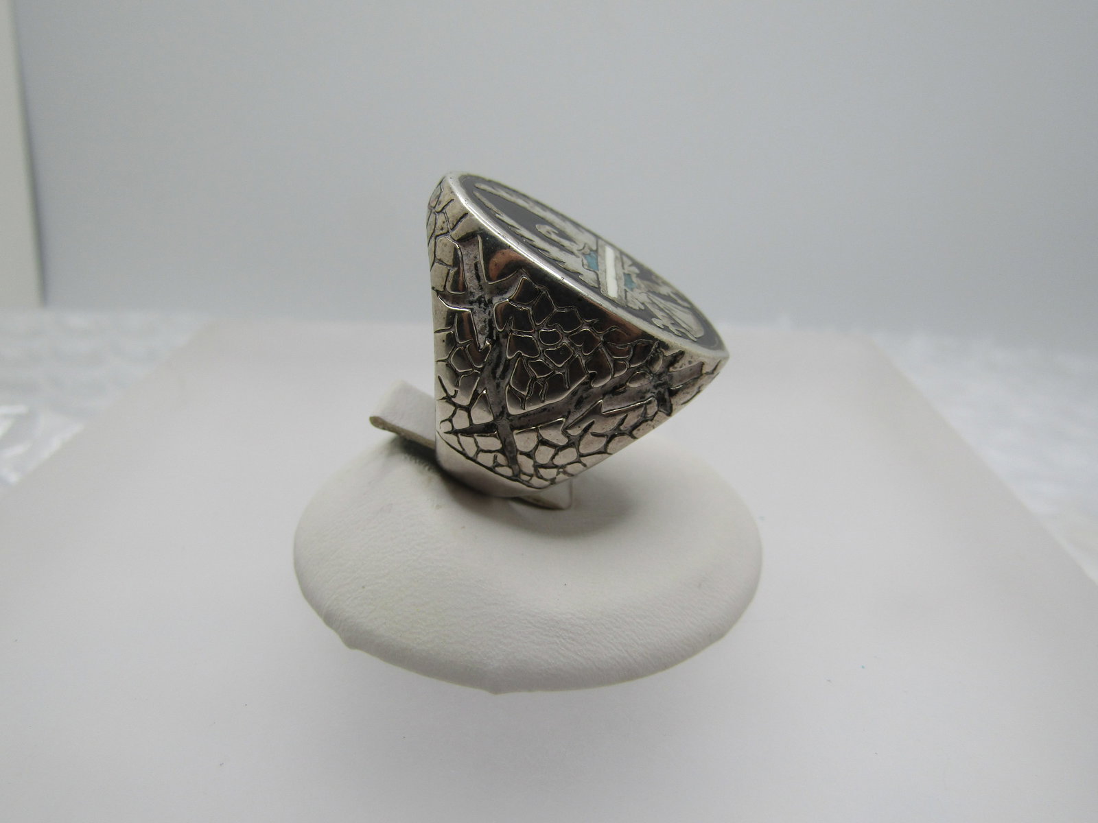 Silver Plated Eagle Biker Ring, Inlaid Turquoise Chips, Sz. 7 - 2