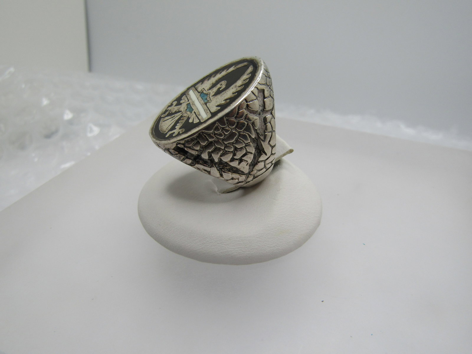 Silver Plated Eagle Biker Ring, Inlaid Turquoise Chips, Sz. 7 - 4
