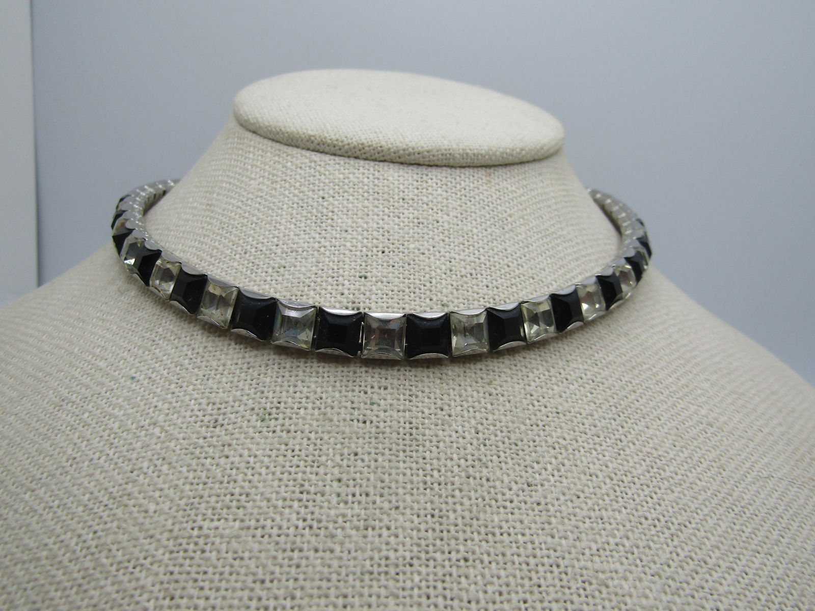 Vintage Clear & Black Rhinestone Choker/Necklace, 16", Adjustable - 2