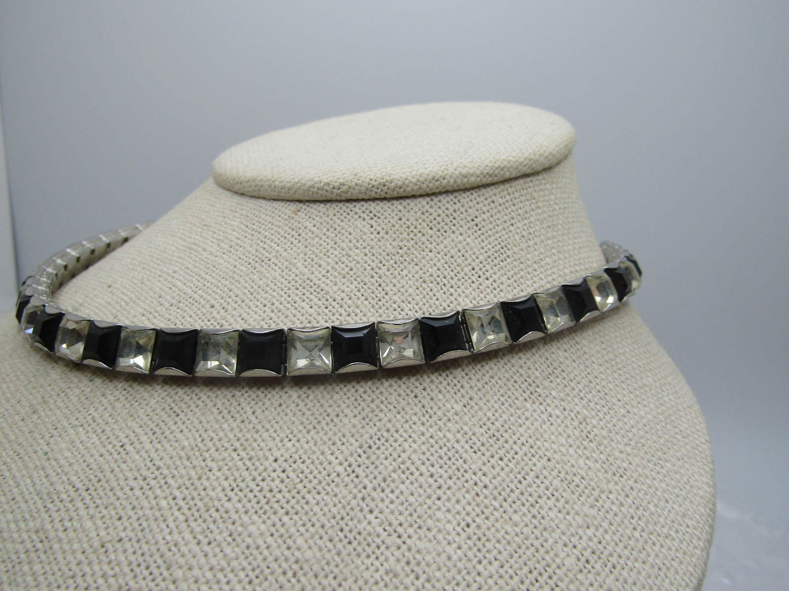 Vintage Clear & Black Rhinestone Choker/Necklace, 16", Adjustable - 3
