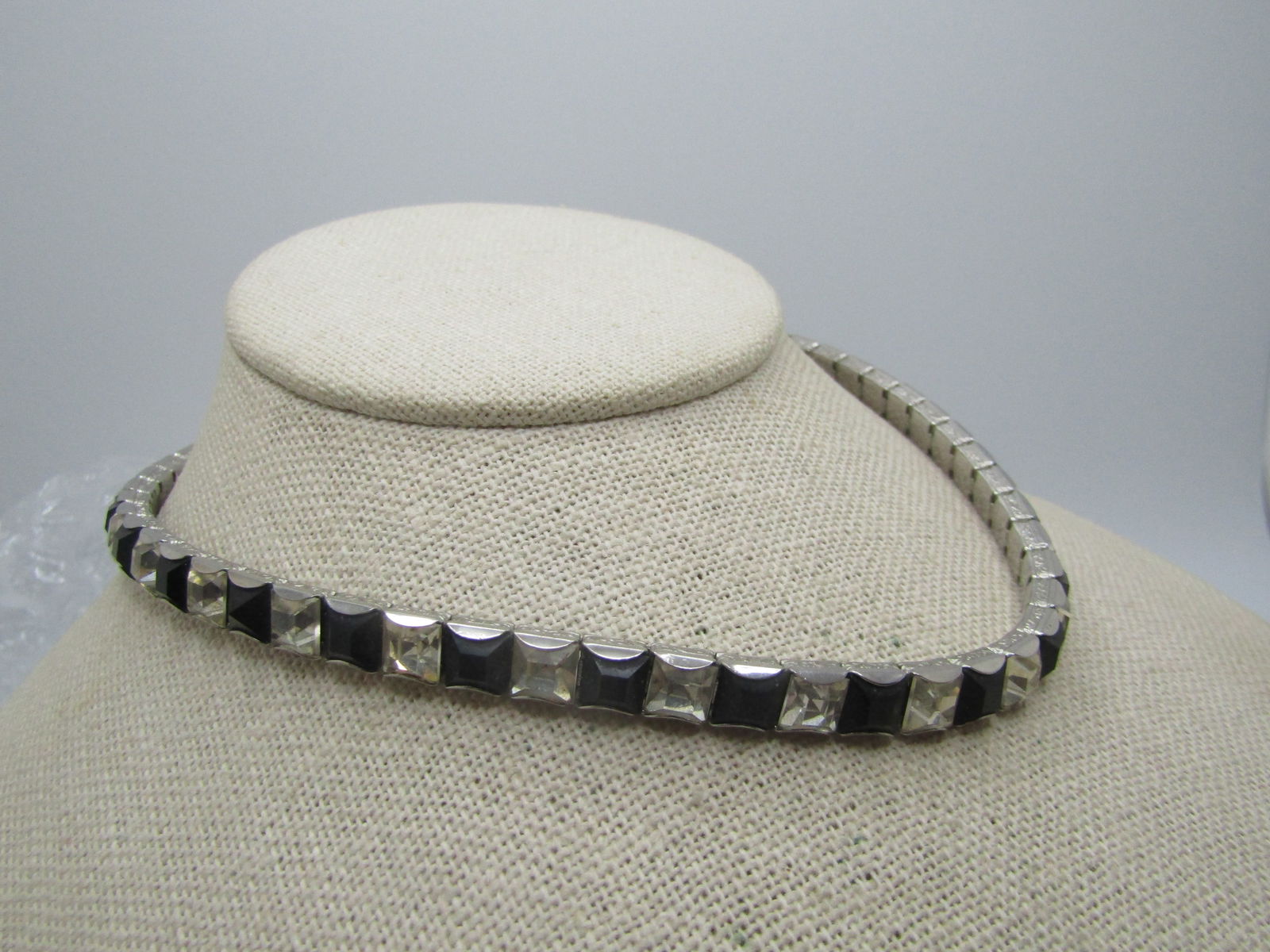Vintage Clear & Black Rhinestone Choker/Necklace, 16", Adjustable - 4