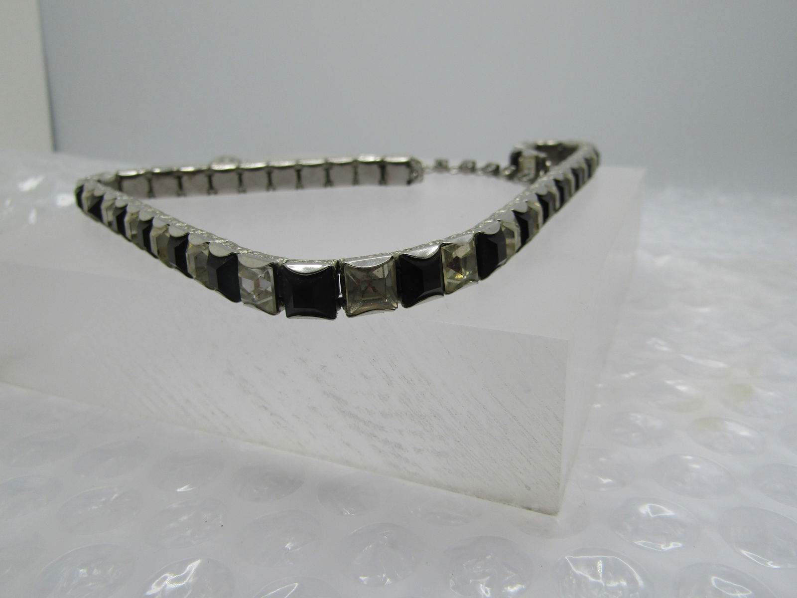 Vintage Clear & Black Rhinestone Choker/Necklace, 16", Adjustable - 7