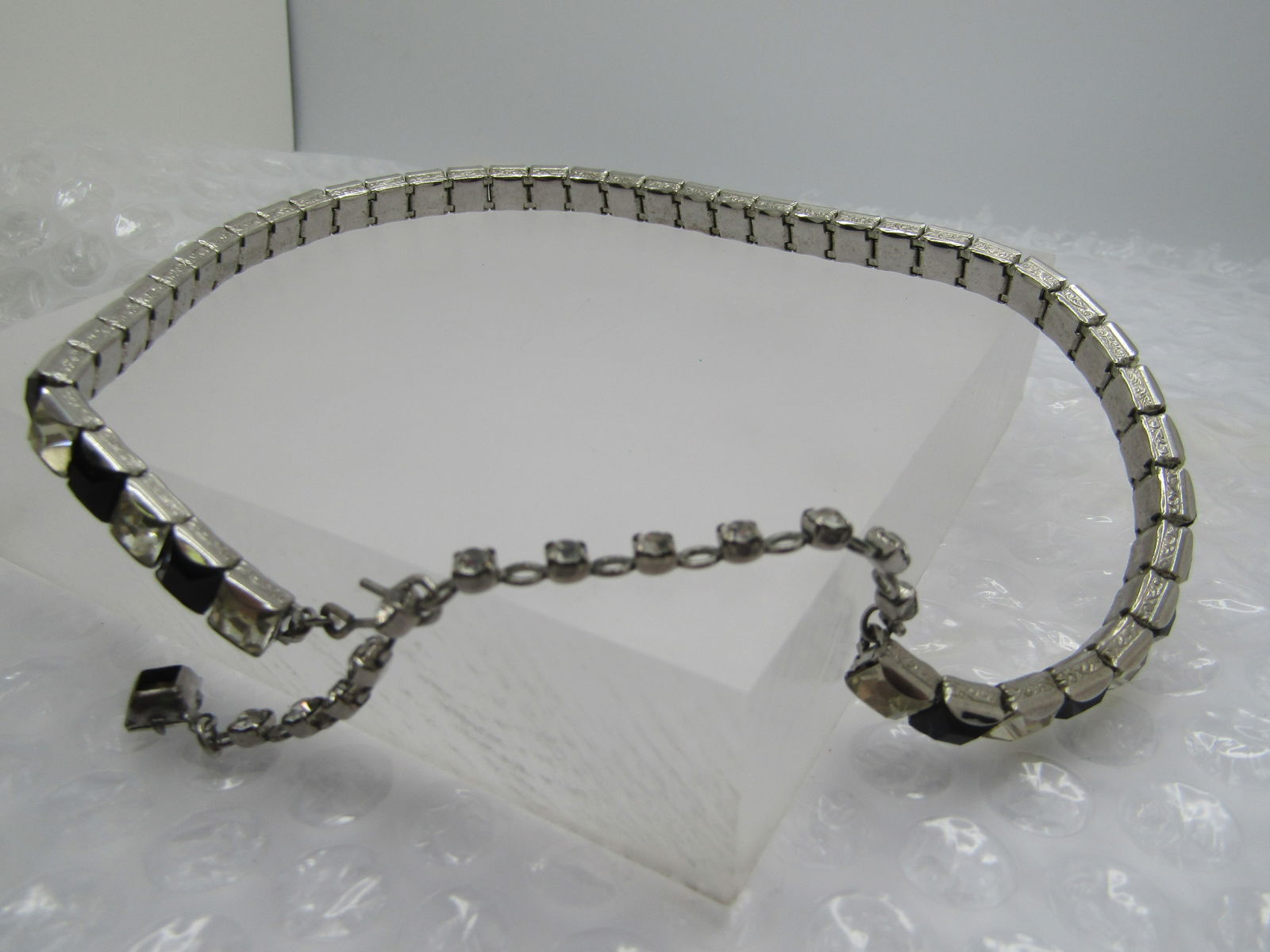 Vintage Clear & Black Rhinestone Choker/Necklace, 16", Adjustable - 9