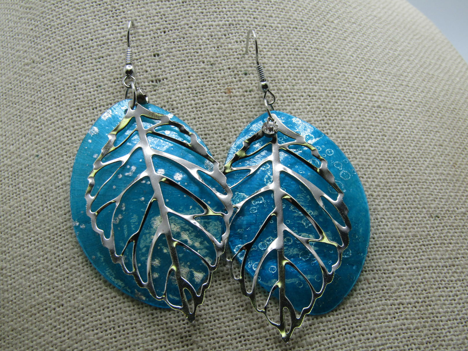 Vintage Aqua Dyed Shell Leaf Earrings, Pierced, Rhinestone Accent - 2
