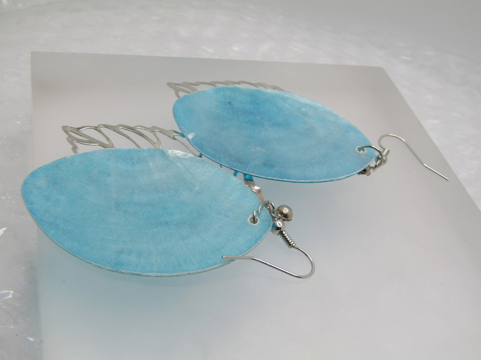 Vintage Aqua Dyed Shell Leaf Earrings, Pierced, Rhinestone Accent - 5