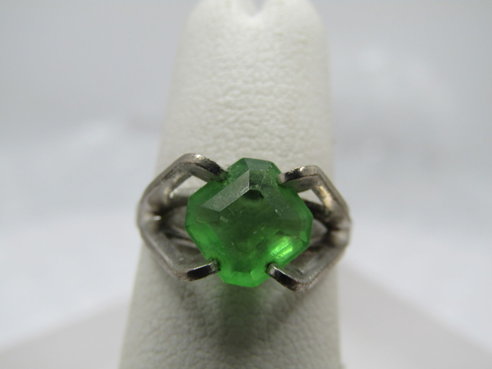 Vintage Sterling Green Stone Sz. 4 Ring, and Adjust Costume Ring - 2