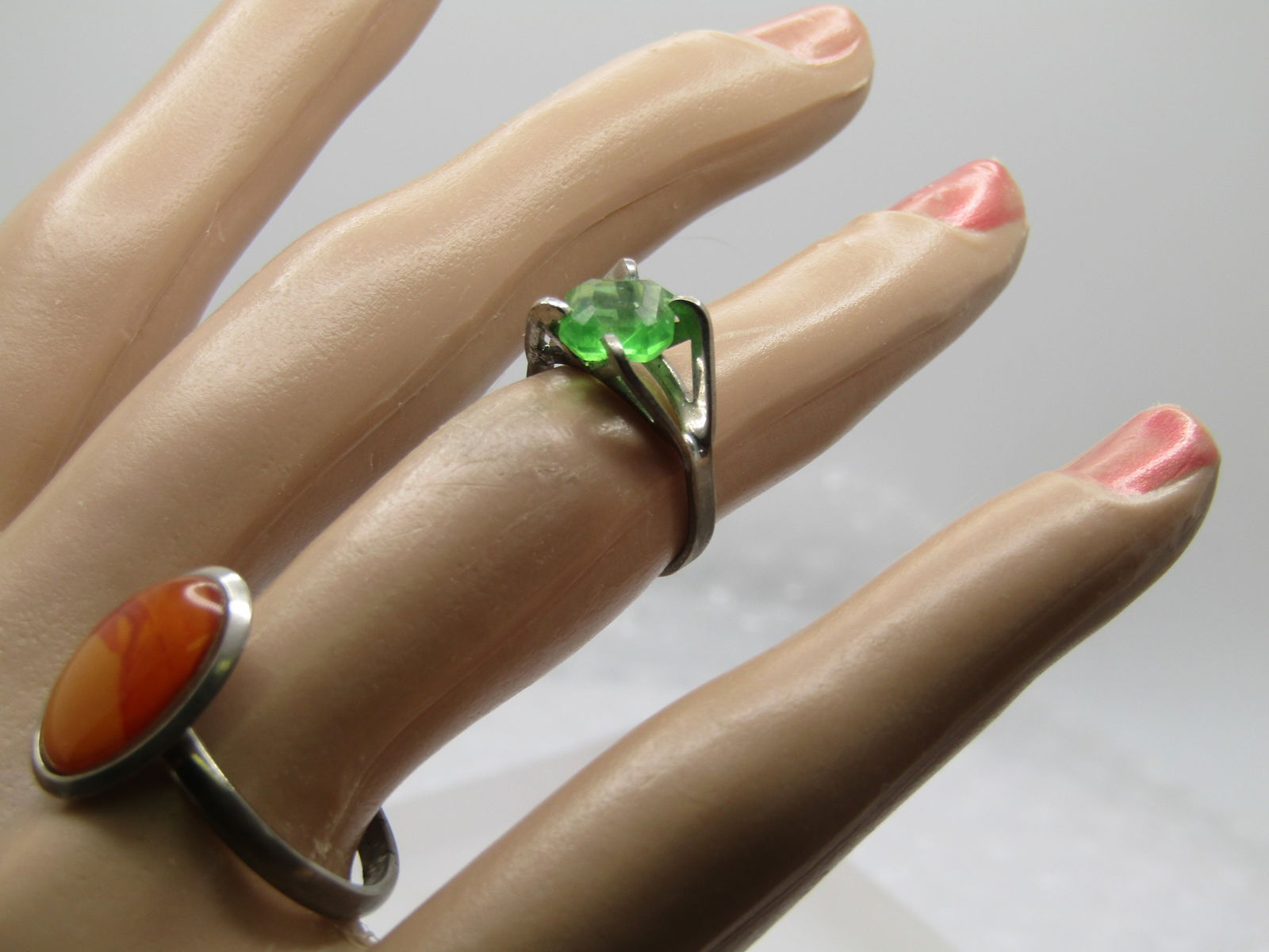 Vintage Sterling Green Stone Sz. 4 Ring, and Adjust Costume Ring - 7