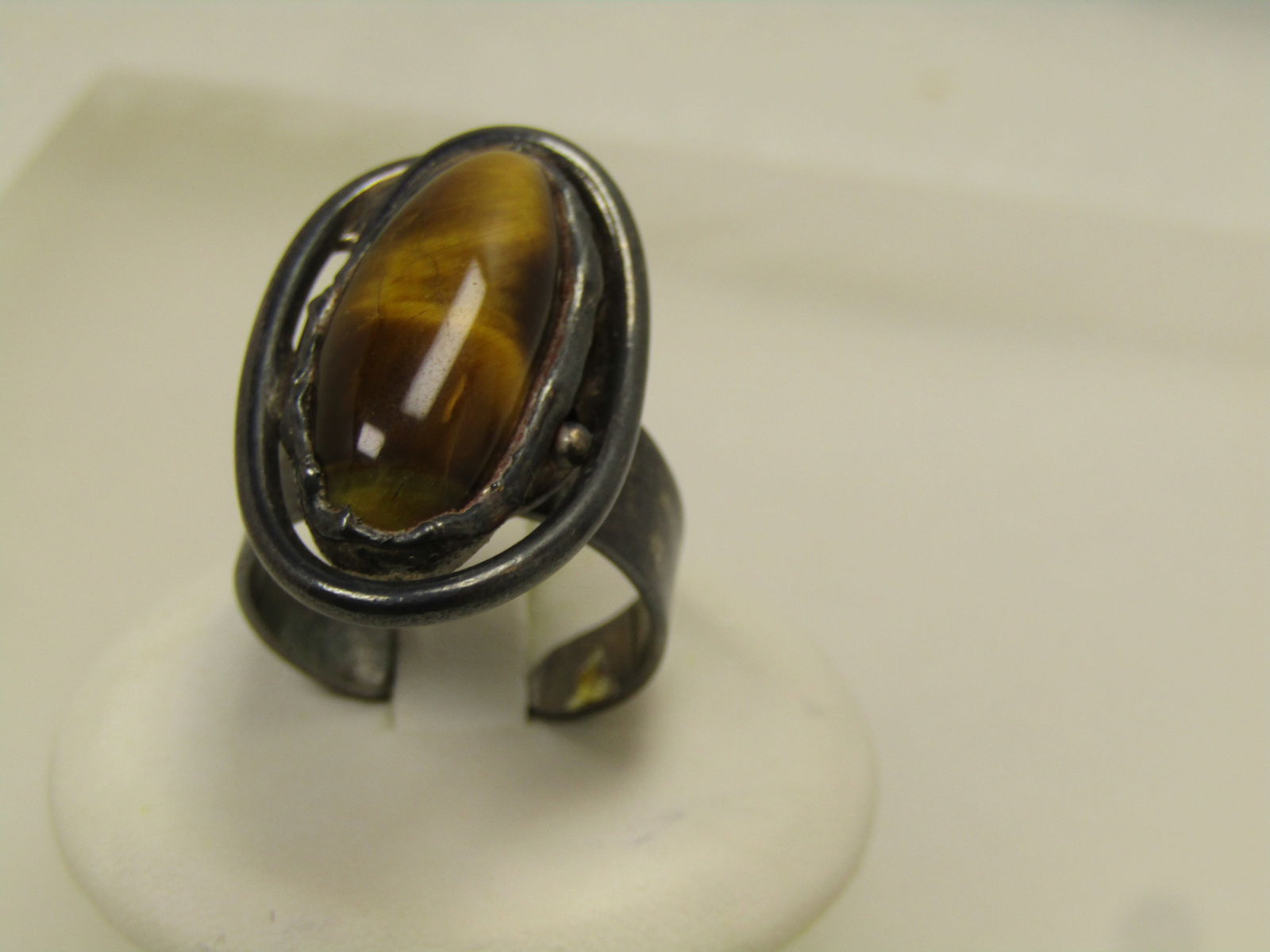 Vintage Tiger's Eye Ring, Adjustable, Sterling and Plated, Southwestern/Mod, 1970's-1980's - 2