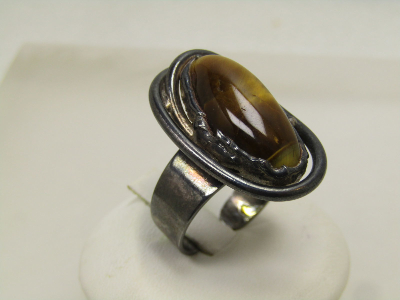 Vintage Tiger's Eye Ring, Adjustable, Sterling and Plated, Southwestern/Mod, 1970's-1980's - 3