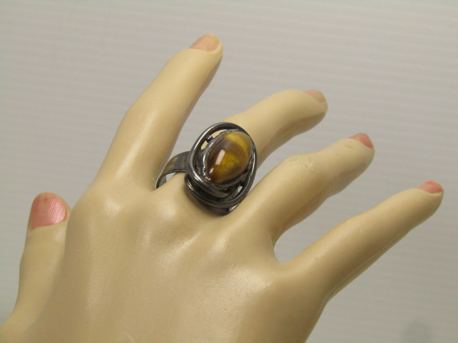 Vintage Tiger's Eye Ring, Adjustable, Sterling and Plated, Southwestern/Mod, 1970's-1980's - 7