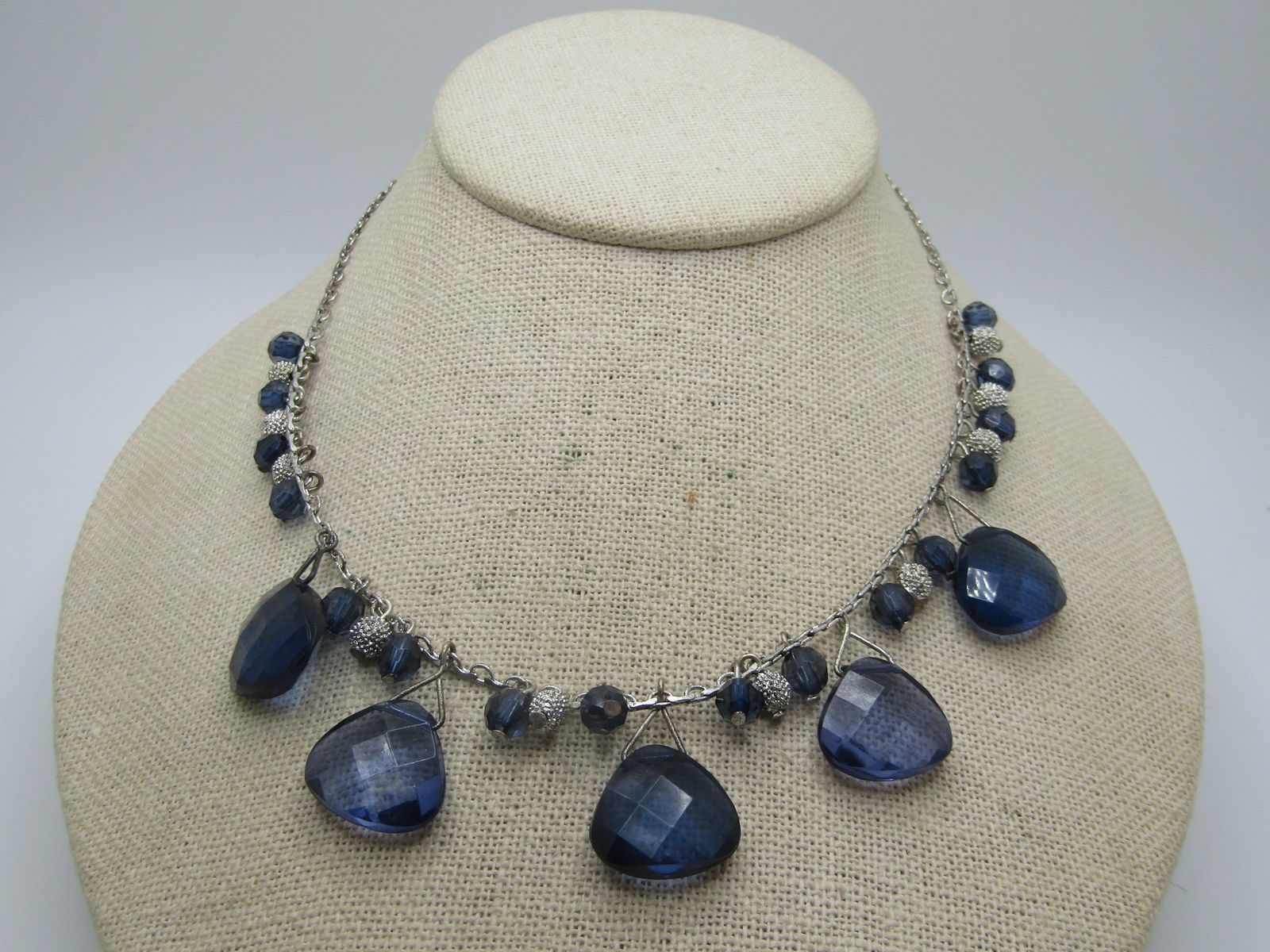 Vintage Blue Faceted Silver Beaded Necklace, 19", 1990's - 2