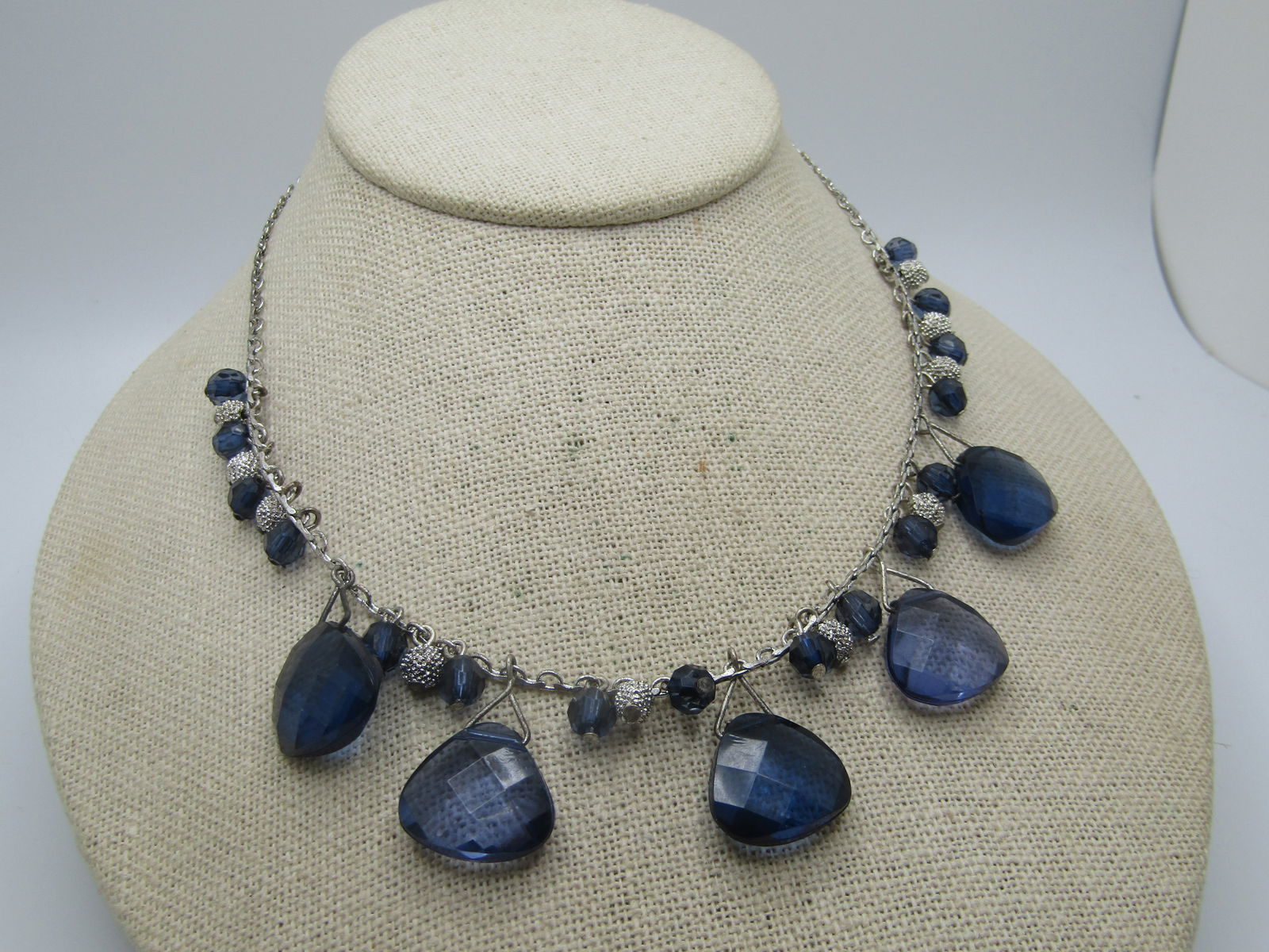 Vintage Blue Faceted Silver Beaded Necklace, 19", 1990's - 3